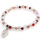 Lovely Faceted Round Colorful Agate And White Square Crystal Beads Bracelet With Leaf Charm