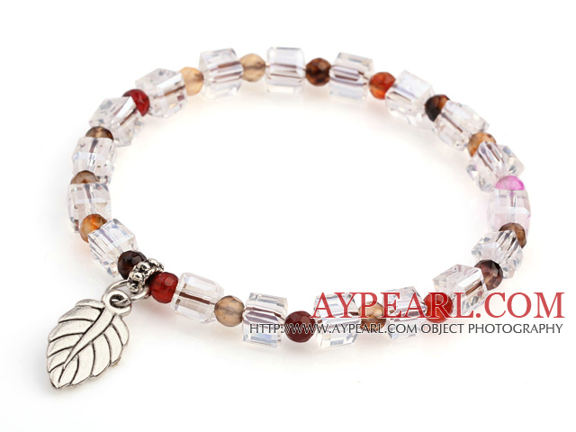 Lovely Faceted Round Colorful Agate And White Square Crystal Beads Bracelet With Leaf Charm