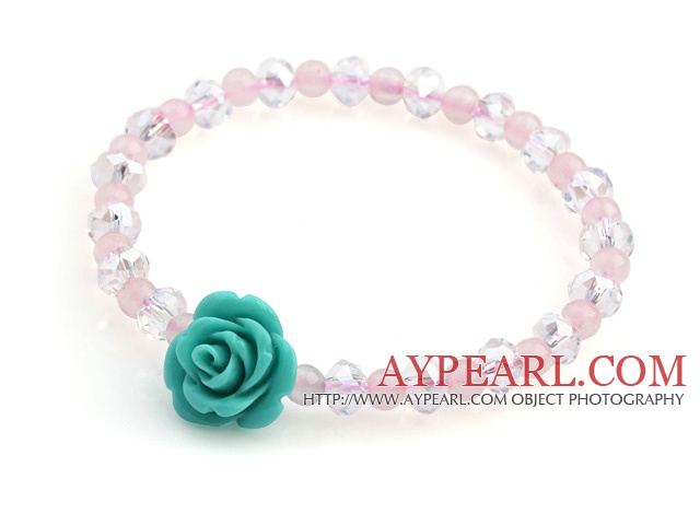 Lovely Round Rose Quartz And Faceted White Crystal Beads Green Flower Bracelet