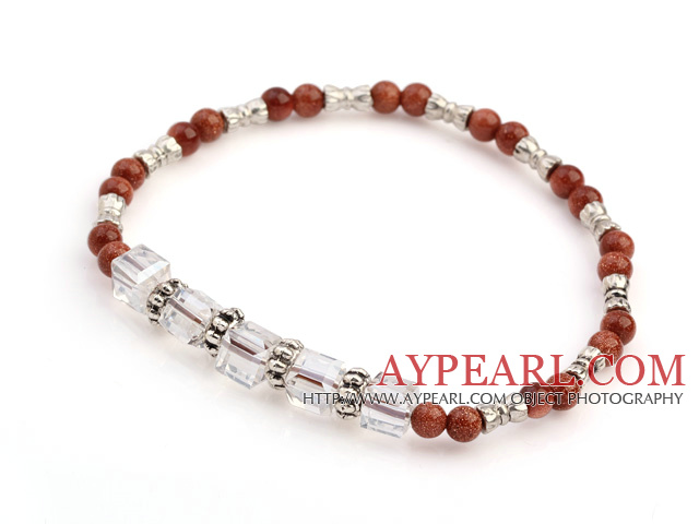 Nice Round Goldstone And White Square Crystal Beads Charm Bracelet