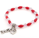 Nice Oval Red Coral And White Square Crystal Beads Bracelet With Love Heart Charms
