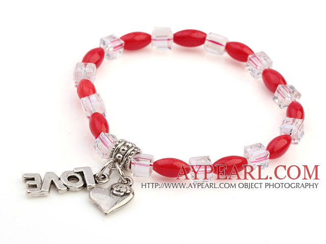 Trevlig Oval Red Coral och vit Square kristall pärlor armband med kärlek Hjärtan