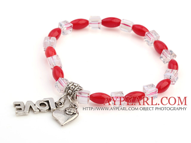 Nice Oval Red Coral And White Square Crystal Beads Bracelet With Love Heart Charms