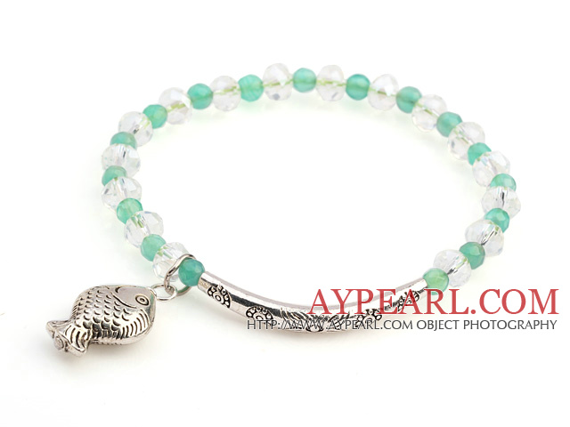 Nizza rund grün Achat und facettierte runde weiße Kristall-Perlen -Armband mit Charms Rohr Fisch