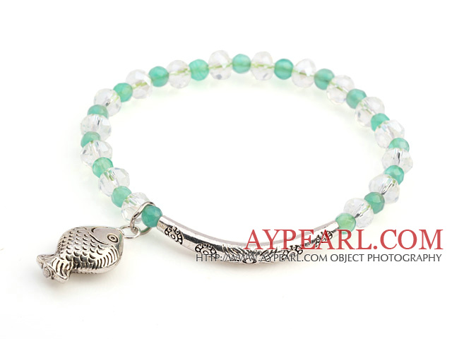 Nice Round Green Agate And Faceted Round White Crystal Beads Bracelet With Tube Fish Charms