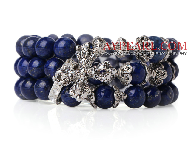 Fashion Style Popular Multi Strands Natural Round Lapis Beads Bracelet With Tibet Silver Cross Accessory