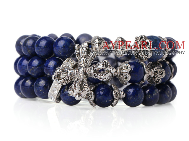 Fashion Style Beliebte Multi Strands natürliche runde Lapis Perlen -Armband mit Tibet Silber Kreuz Zubehör