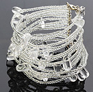 Fashion Multilayer White Crystal And Glass Beads Wired Wrap Bangle Bracelet With Lobster Clasp