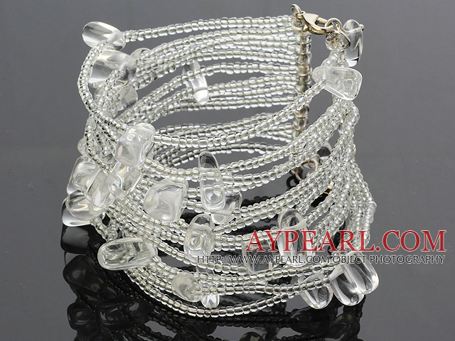 Мода Многослойные белый кристалл и стеклянные бусы проводной Wrap браслет с застежкой омар