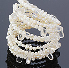 Discount Fashion Multilayer White Freshwater Pearl And Crystal Wired Wrap Bangle Bracelet With Lobster Clasp