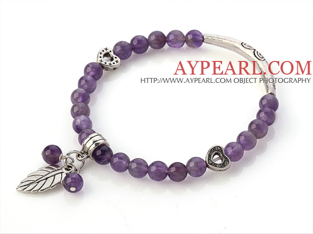 Fashion Round Amethyst Beaded Bracelet With Tibet Silver Tube Heart And Leaf Charm Accessories