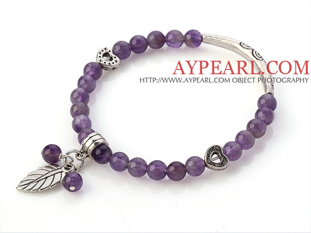 Fashion Round Amethyst Beaded armbånd med Tibet Silver Tube Heart And Leaf Charm Tilbehør