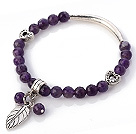 Fashion Faceted Round Amethyst Beaded Bracelet With Tibet Silver Tube Heart And Leaf Charm Accessories