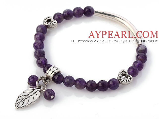 Fashion Fasettert Round Amethyst Beaded armbånd med Tibet Silver Tube Heart And Leaf Charm Tilbehør
