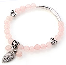 Lovely Round Rose Quartz Beaded Bracelet With Tibet Silver Tube Heart And Leaf Charm Accessories