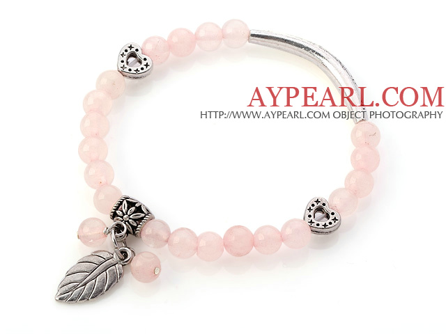 Lovely Round Rose Quartz Beaded Bracelet With Tibet Silver Tube Heart And Leaf Charm Accessories