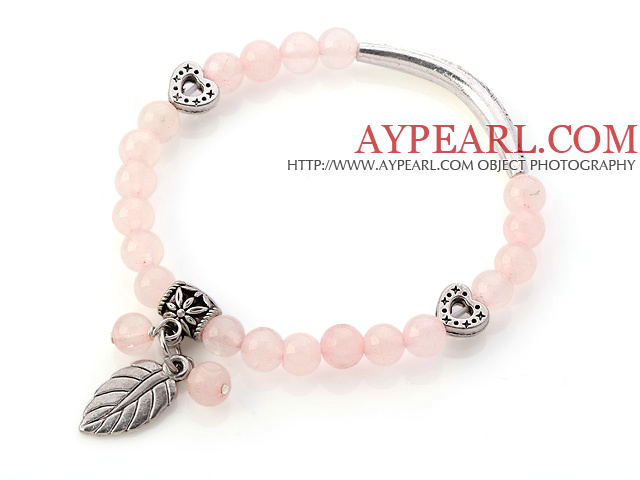 Nydelig Round Rose Quartz Beaded armbånd med Tibet Silver Tube Heart And Leaf Charm Tilbehør