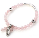 Nydelig Fasettert Round Rose Quartz Beaded armbånd med Tibet Silver Tube Heart And Leaf Charm Tilbehør