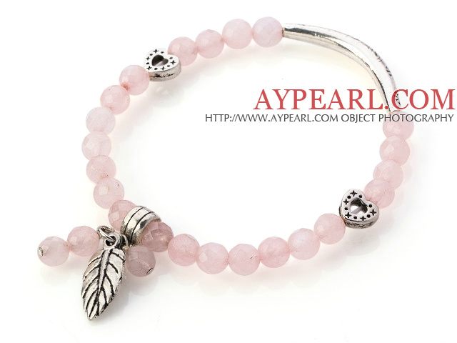 Nydelig Fasettert Round Rose Quartz Beaded armbånd med Tibet Silver Tube Heart And Leaf Charm Tilbehør