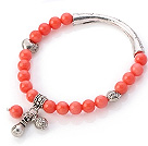 Lovely 7mm Round Pink Coral Beaded Bracelet With Tibet Silver Tube Heart And Lucky Bag Charms
