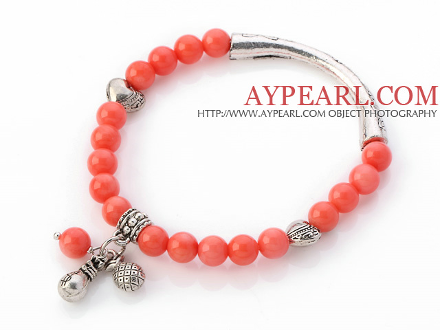 Schöne 7mm Runde Rosa Coral Perlen Armband mit Tibet Silber Rohr Herz und Lucky Bag Charms