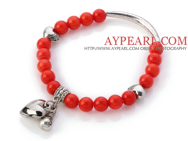 Lovely 7mm Round Red Coral Beaded Bracelet With Tibet Silver Tube Heart And Lucky Bag Charms