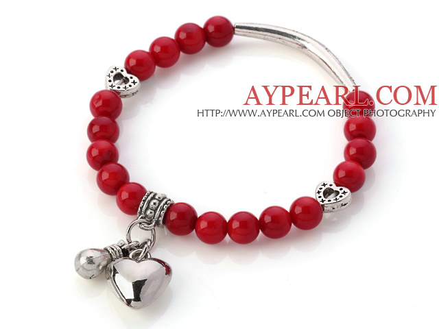 Nydelig 7mm Round Red Coral Beaded armbånd med Tibet Silver Tube Heart And Lucky Bag Charms