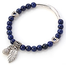 Lovely Round Lapis Sten pärlstav armband med Tibet Silver Tube hjärta och Leaf Charms