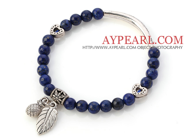 Lovely Round Lapis Stone Beaded Bracelet With Tibet Silver Tube Heart And Leaf Charms