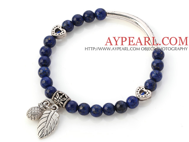 Lovely Round Lapis Sten pärlstav armband med Tibet Silver Tube hjärta och Leaf Charms