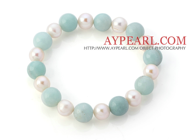 Elegant Natural White Freshwater Pearl And Round Amazon Stone Beads Elastic Bracelet
