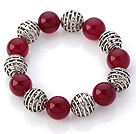 Fantastisk 14mm Round Rose Agate och ihåliga Tibet Silver Ball Elastisk pärlstav armband