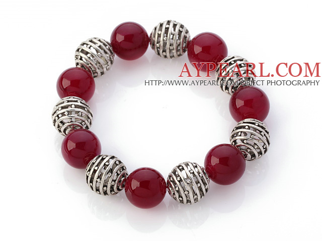 Fantastisk 14mm Round Rose Agate Og Hollow Tibet Silver Ball Elastic Beaded armbånd