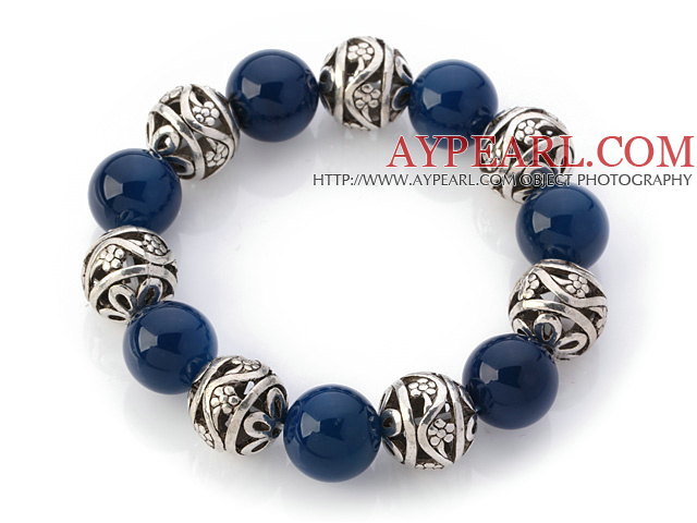 14mm fantastique ronde agate bleue et creux Tibet argent boule élastique bracelet perlé
