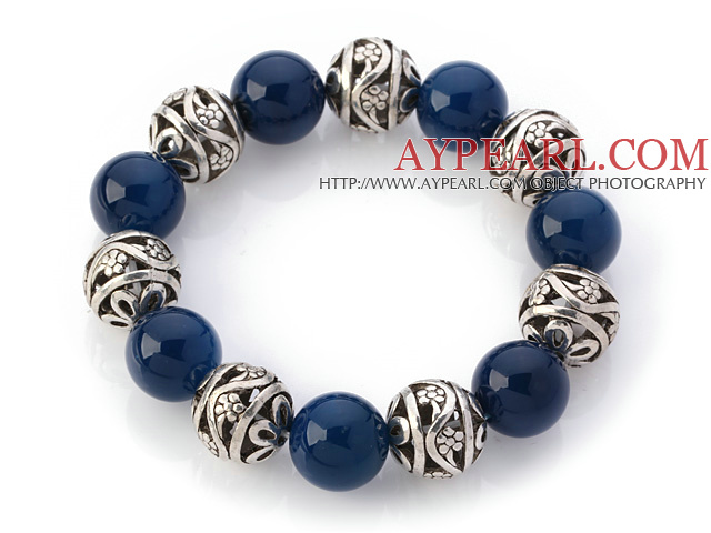 Fantastisk 14mm Round Blå Agate Og Hollow Tibet Silver Ball Elastic Beaded armbånd