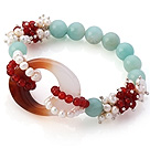 Wholesale New Design Cluster White Pearl Round Red Agate And Amazon Hollow Agate Link Stretch Bracelet