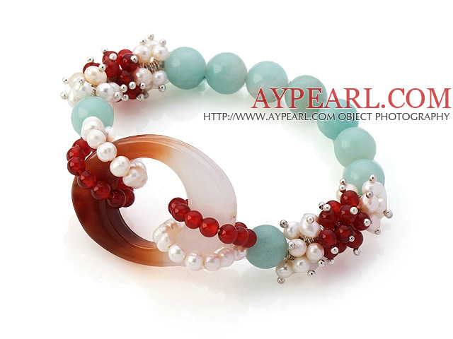 New Design Cluster White Pearl Round Red Agate And Amazon Hollow Agate Link Stretch Bracelet