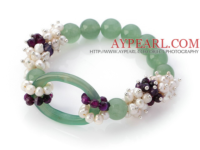 New Design Cluster White Pearl Faceted Purple Agate And Round Hollow Aventurine Link Connection Stretch Bracelet