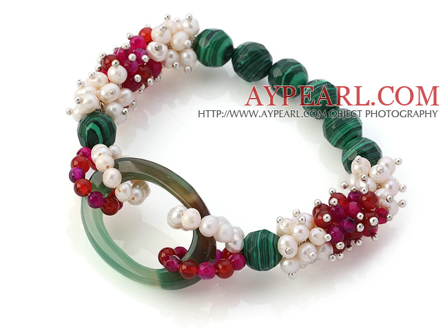 New Design Cluster White Pearl Faceted Rose Agate Peacock And Green Hollow Agate Link Connected Stretch Bracelet