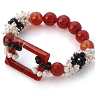 New Design Cluster White Pearl Faceted Round Black Red And Hollow Rectangle Agate Link Connection Elastic Bracelet