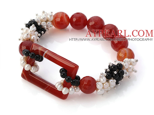 New Design Cluster White Pearl fasettert runde svart Red And Hollow rektangel Agate Link Connection Elastisk armbånd