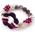 New Design Cluster White Pearl Pyöreä Rose Persian ja Hollow Purple Akaatti Kukka Link Connection Elastinen rannerengas