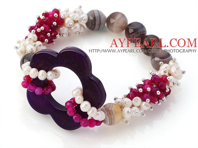 Ny design Cluster White Pearl Rund Rose Persien och ihåliga lila Agate Flower Link Connection Elastisk armband