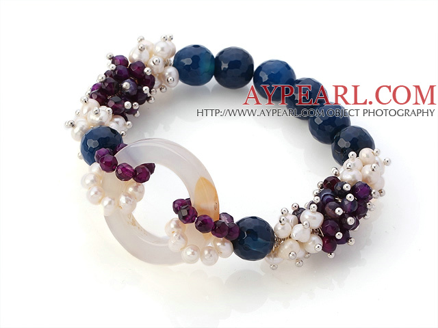 Νέα Σχεδίαση Cluster White Pearl και πολύπλευρη Γύρου Μωβ Μπλε Και Hollow Λευκός Αχάτης Σύνδεση Σύνδεση Ελαστική βραχιόλι