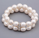 Fashion Double Strands 9-10mm White Rice Shape Freshwater Pearl Beaded Stretch Bracelet