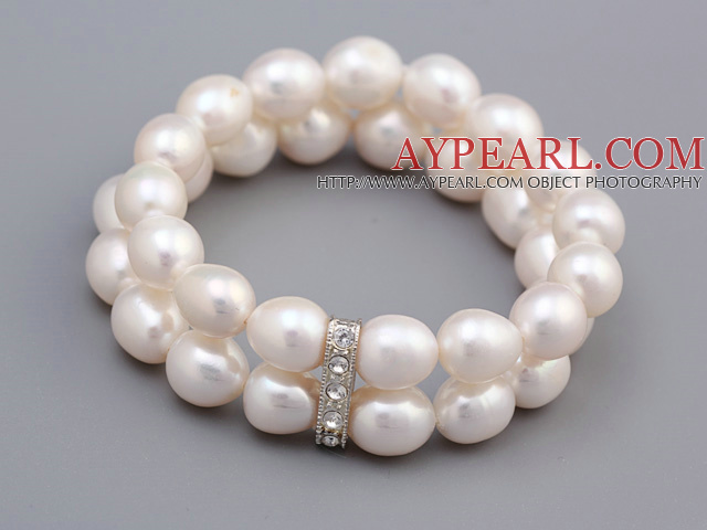 Fashion Double Strands 9-10mm White Rice Shape Freshwater Pearl Beaded Stretch Bracelet