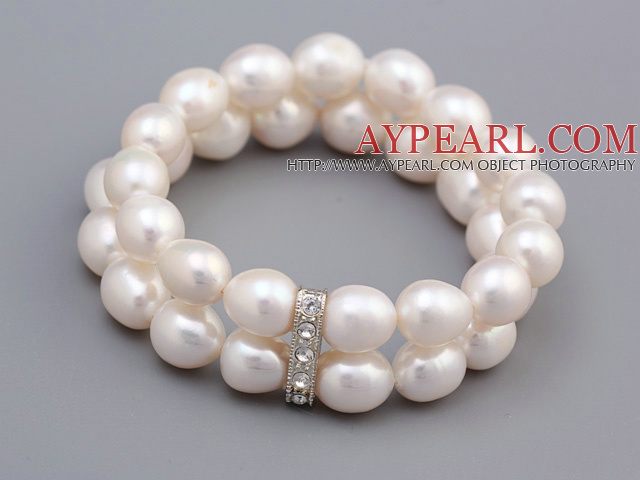 Fashion Double Strands 9 - 10mm hvit ris Shape Ferskvann Pearl Beaded Stretch Bracelet