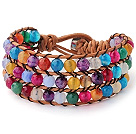 Pretty Hand-Knotted Multilayer Faceted Round Colorful Agate Brown Leather Wrap Bracelet