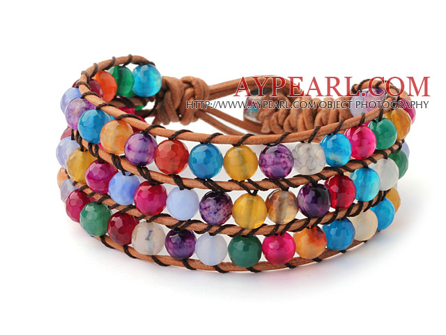 Pretty Hand-Knotted Multilayer Faceted Round Colorful Agate Brown Leather Wrap Bracelet