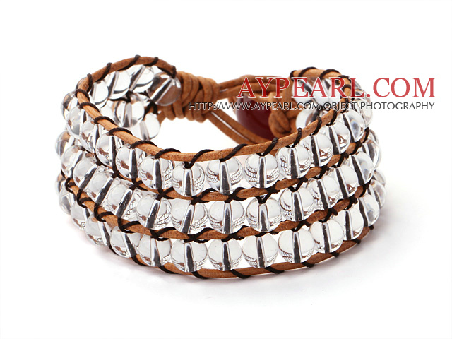 Pretty Hand-Knotted Multilayer Round Clear Crystal Brown Leather Wrap Bracelet With Red Agate Clasp